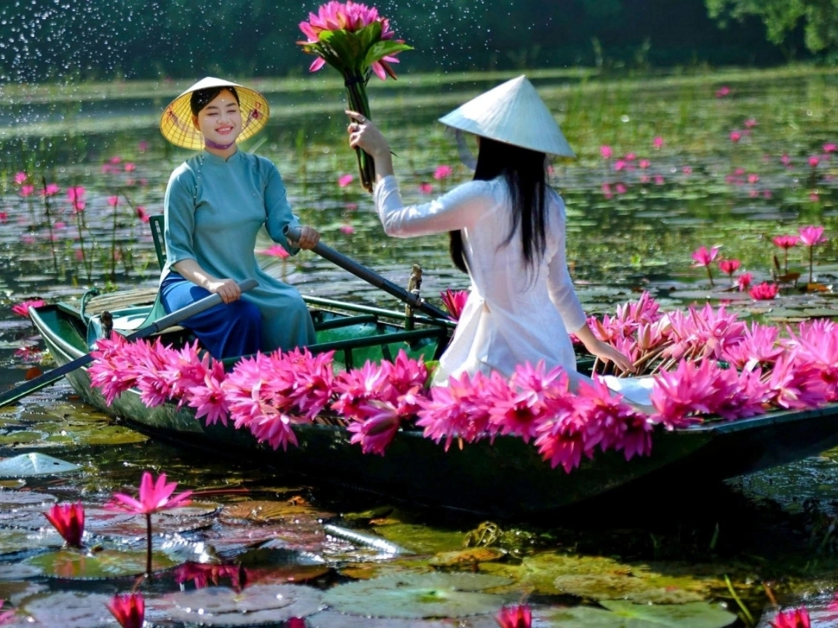 Du khách lựa chọn tạo dáng với bó hoa súng rực rỡ sắc hồng.