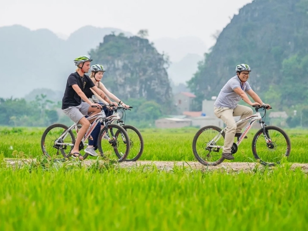 Du khách đạp xe qua cánh đồng lúa và ngắm núi đá vôi