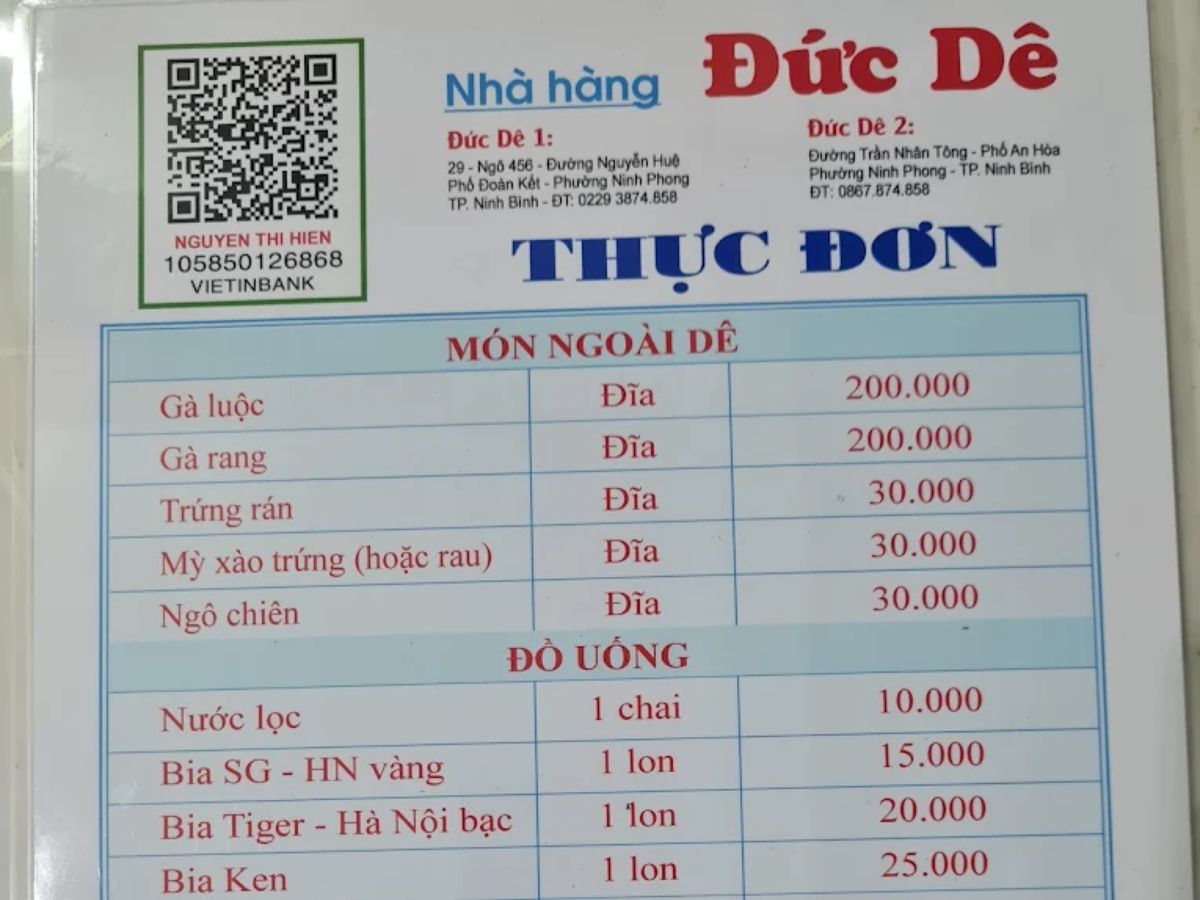 Menu tại nhà hàng Đức Dê. 