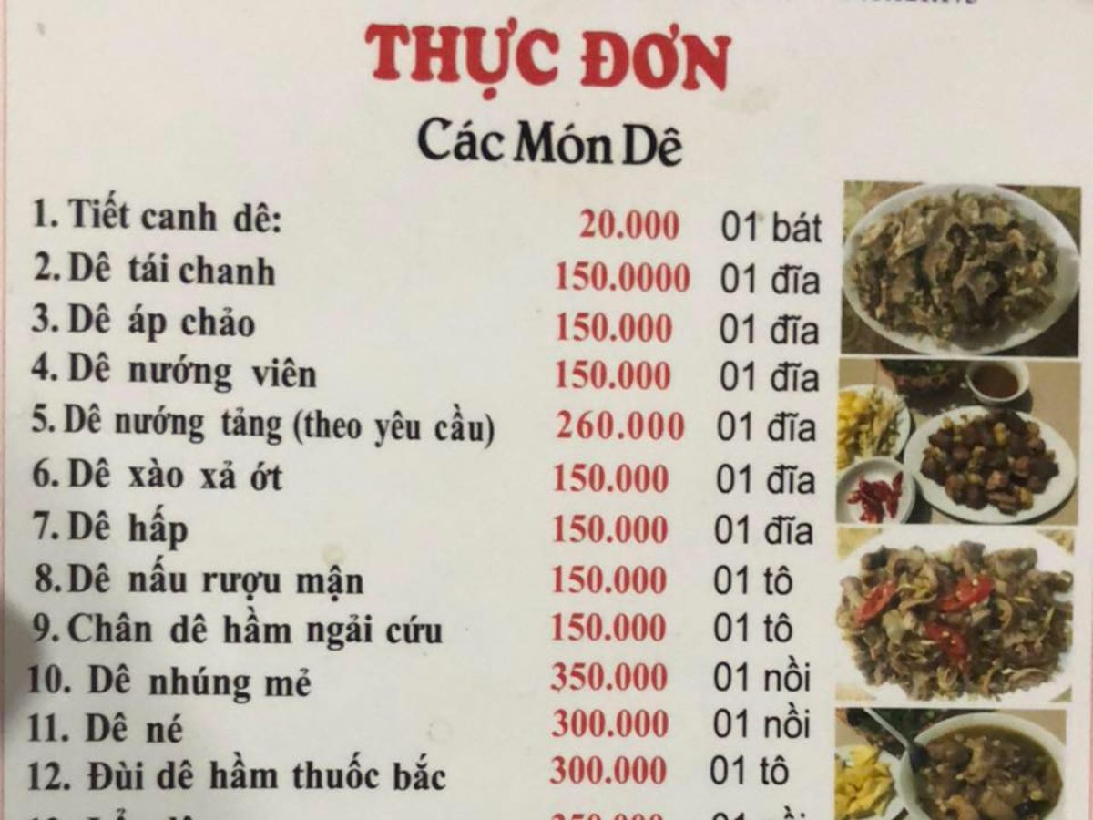 Thực đơn nhà hàng Dũng Phố Núi Ninh Bình.