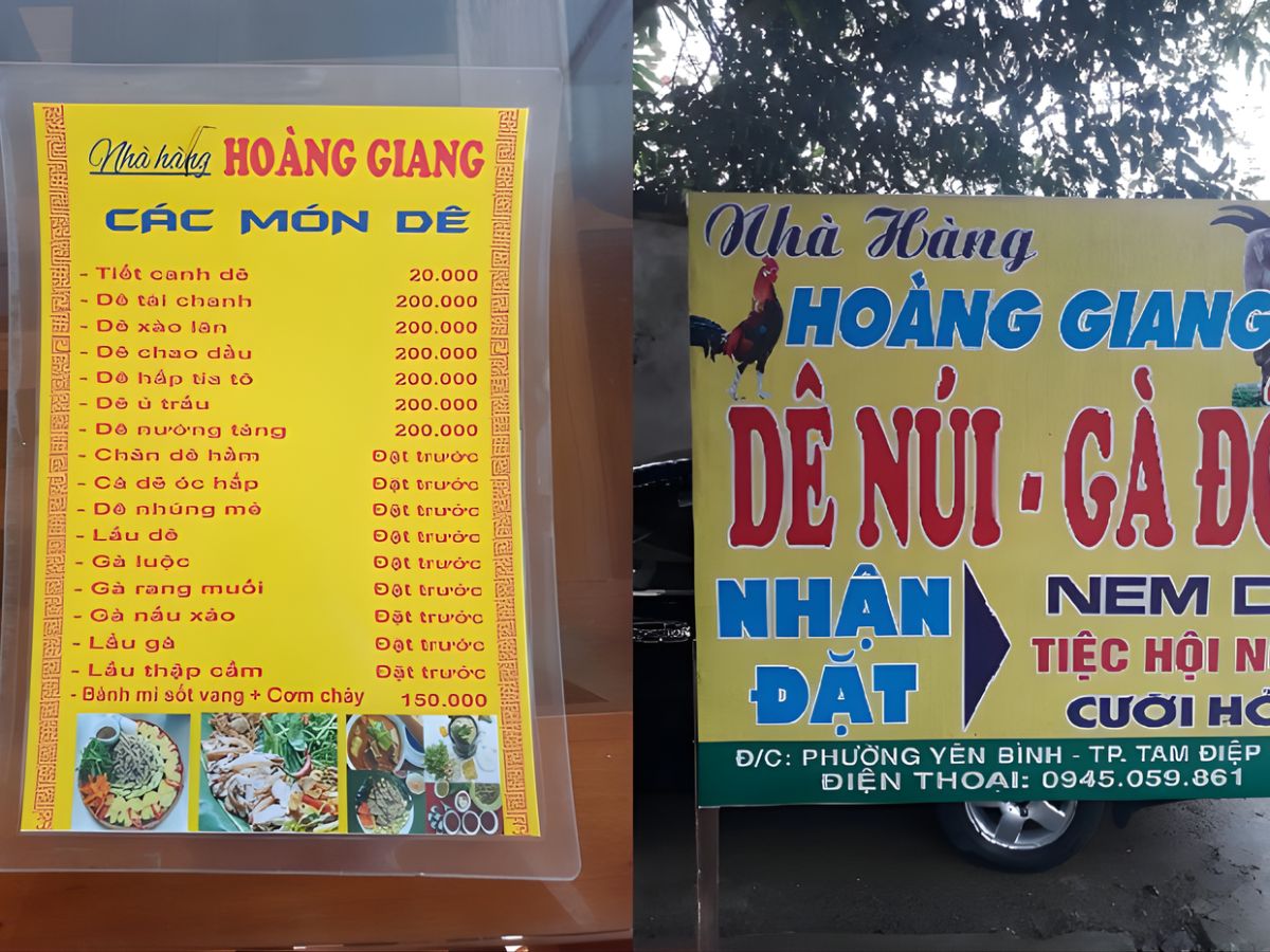 Menu nhà hàng Hoàng Giang Ninh Bình.