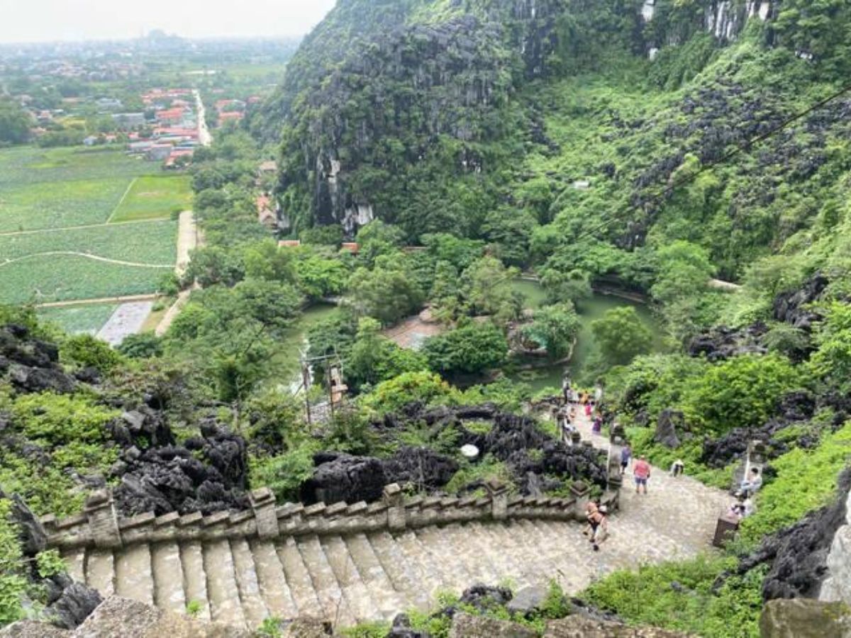 Hệ thống bậc đá lên đỉnh Ngọa Long giữa vách núi và cây xanh. (Nguồn: Sưu tầm).