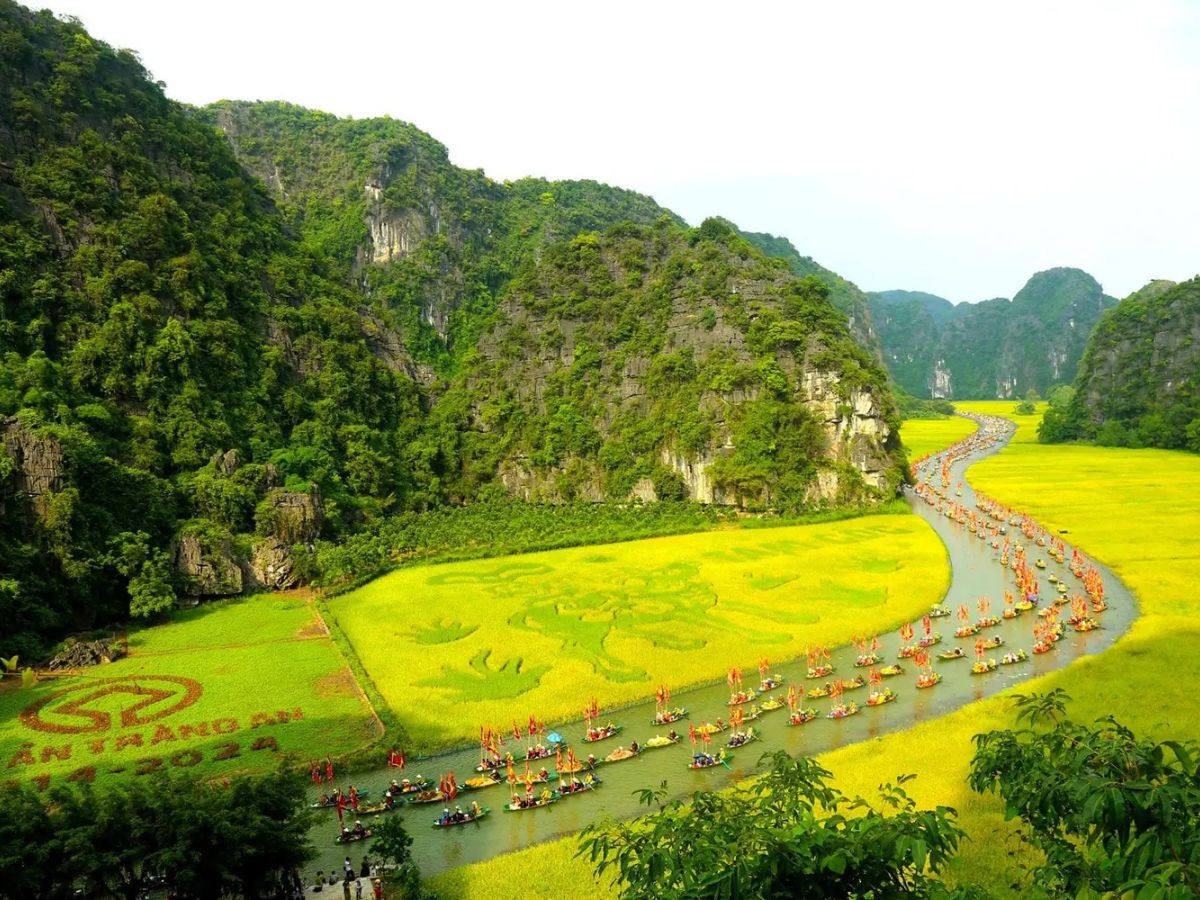 Tam Cốc Bích Động nổi bật với cảnh sắc núi đá vôi, dòng sông Ngô Đồng và những cánh đồng lúa chín. (Nguồn: Sưu tầm)